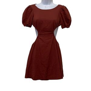 Sky to Moon Open Back Puff Sleeve Linen Blend Mini Dress Size Small Rust Brown